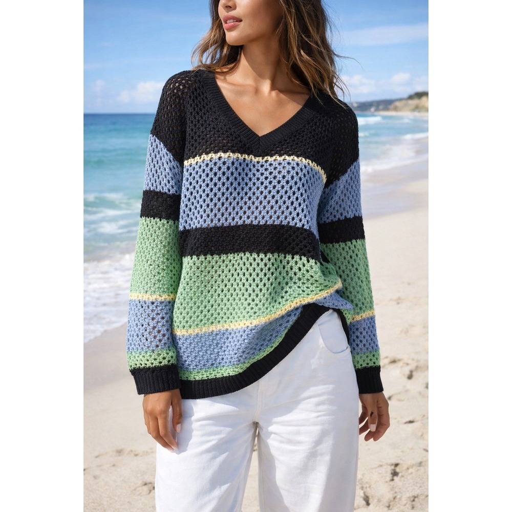 Striped Mesh Sweater Women XL Blue Green Black, V-Neck, Y2K, Preppy, Costal,